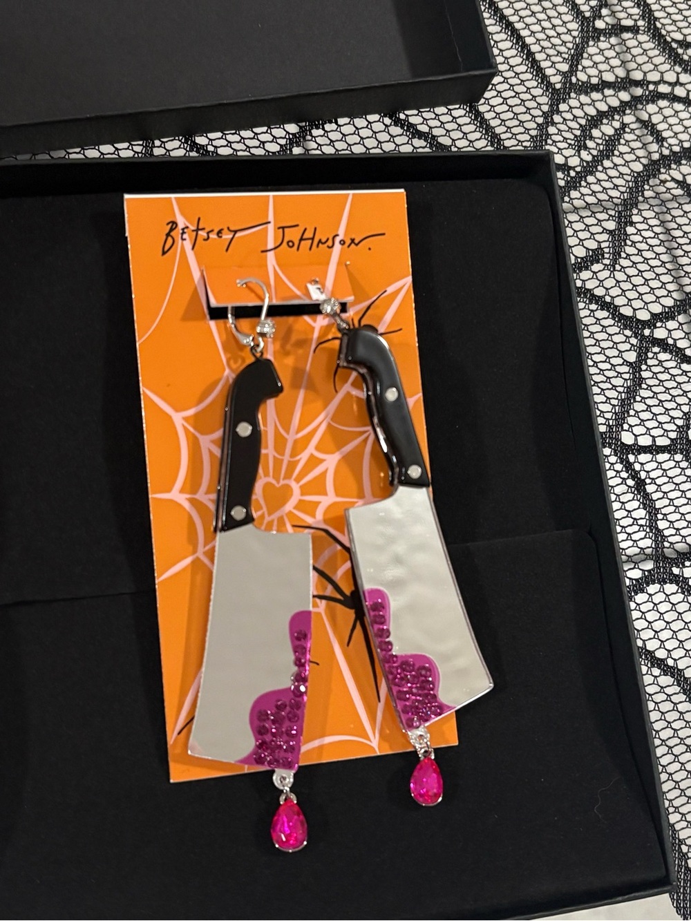 Betsey Johnson Black & Pink Cleaver Dangle Halloween Earrings